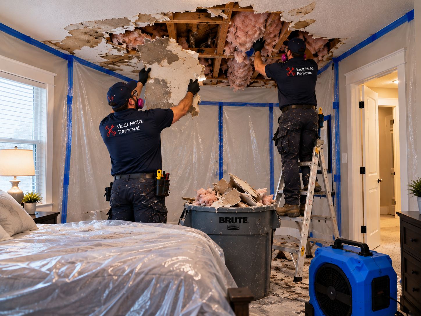 Vault W-2 crew at work on a Sherwood Hills, Provo roof-flashing leak water damage job