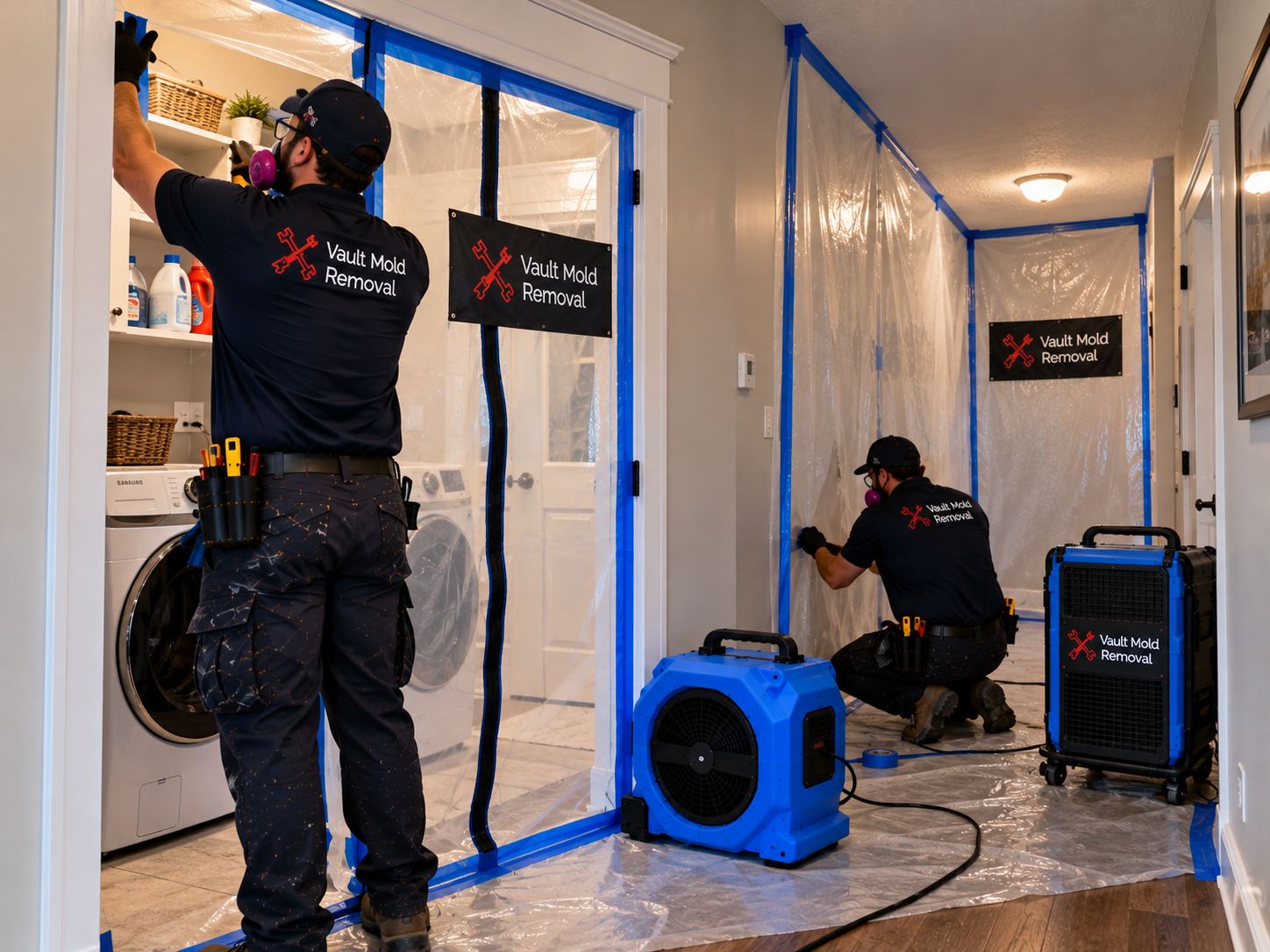 Plastic sheeting and ZipWall containment set up during a Sunset, Provo washer overflow water damage job