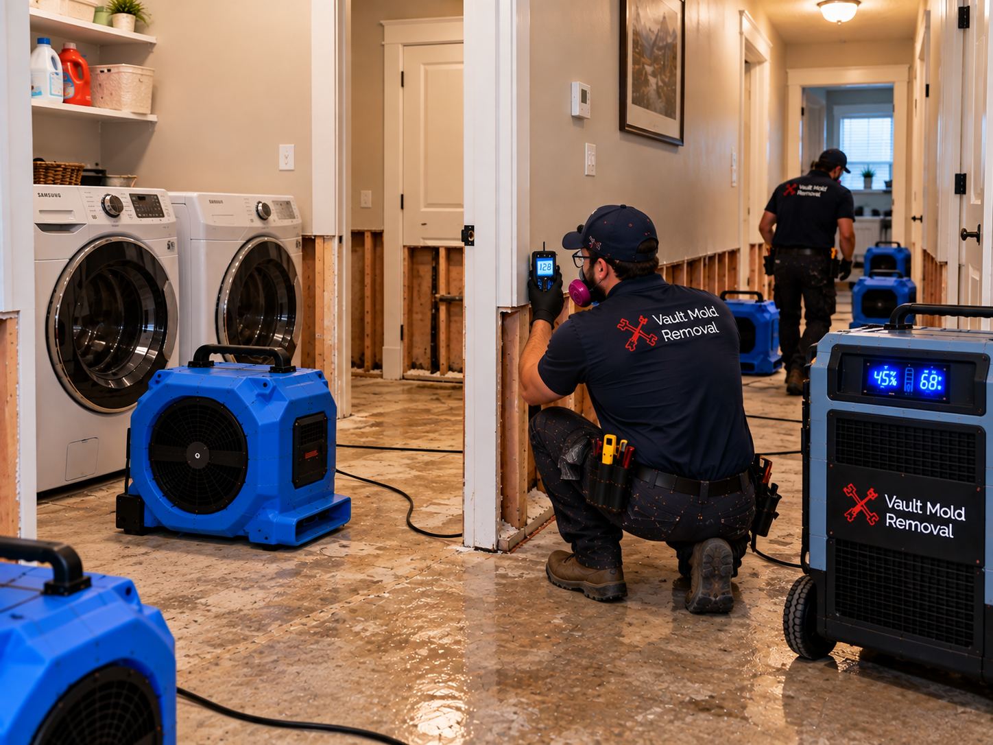 Air movers and LGR dehumidifier drying out a Sunset, Provo home after a washer drain hose disconnect