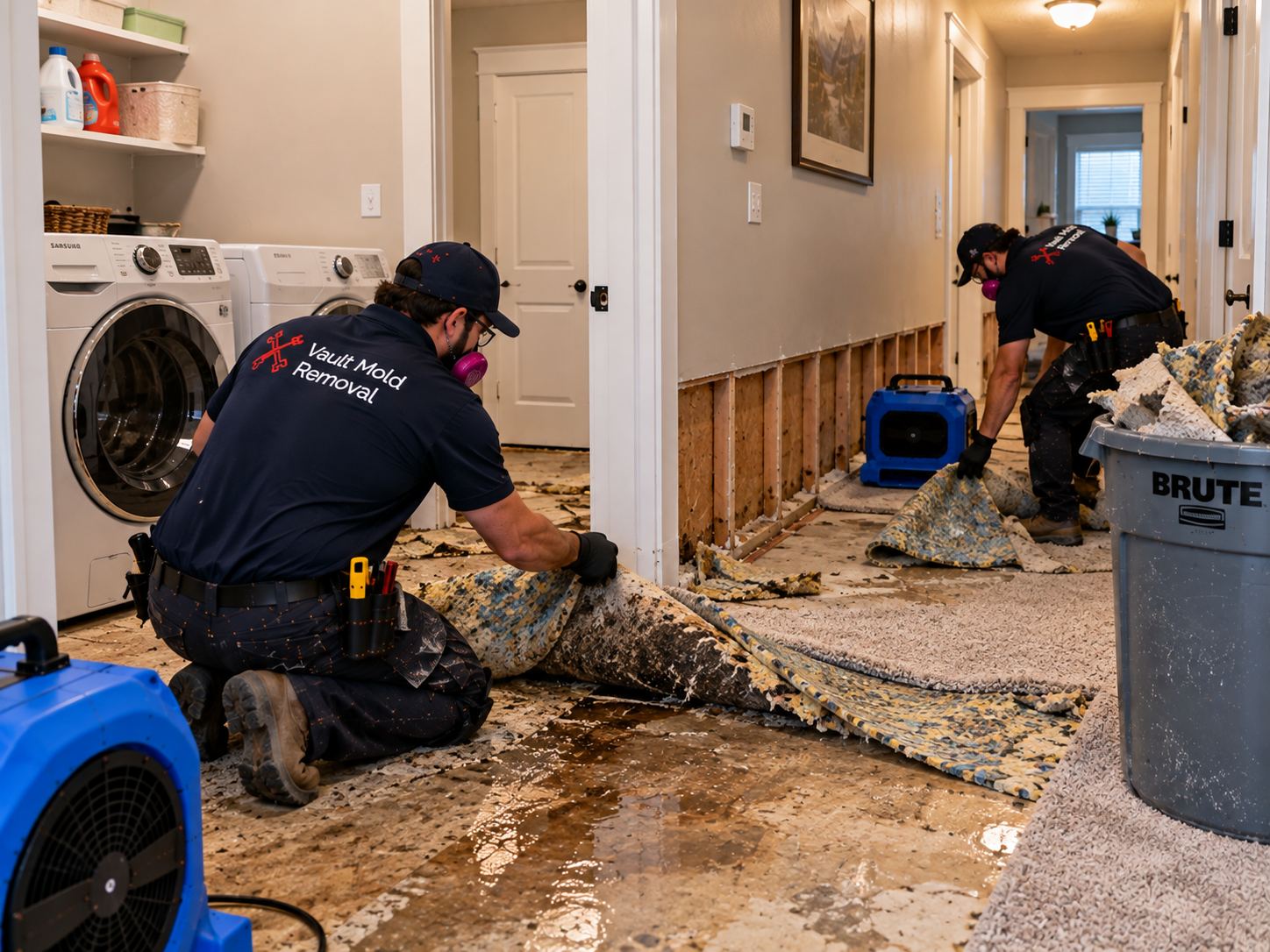 Vault W-2 crew at work on a Sunset, Provo washer overflow water damage job