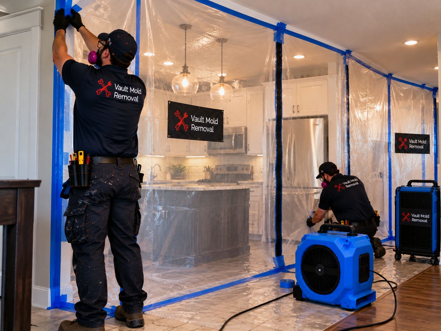 Plastic sheeting and ZipWall containment set up on a Timp, Provo kitchen water damage job