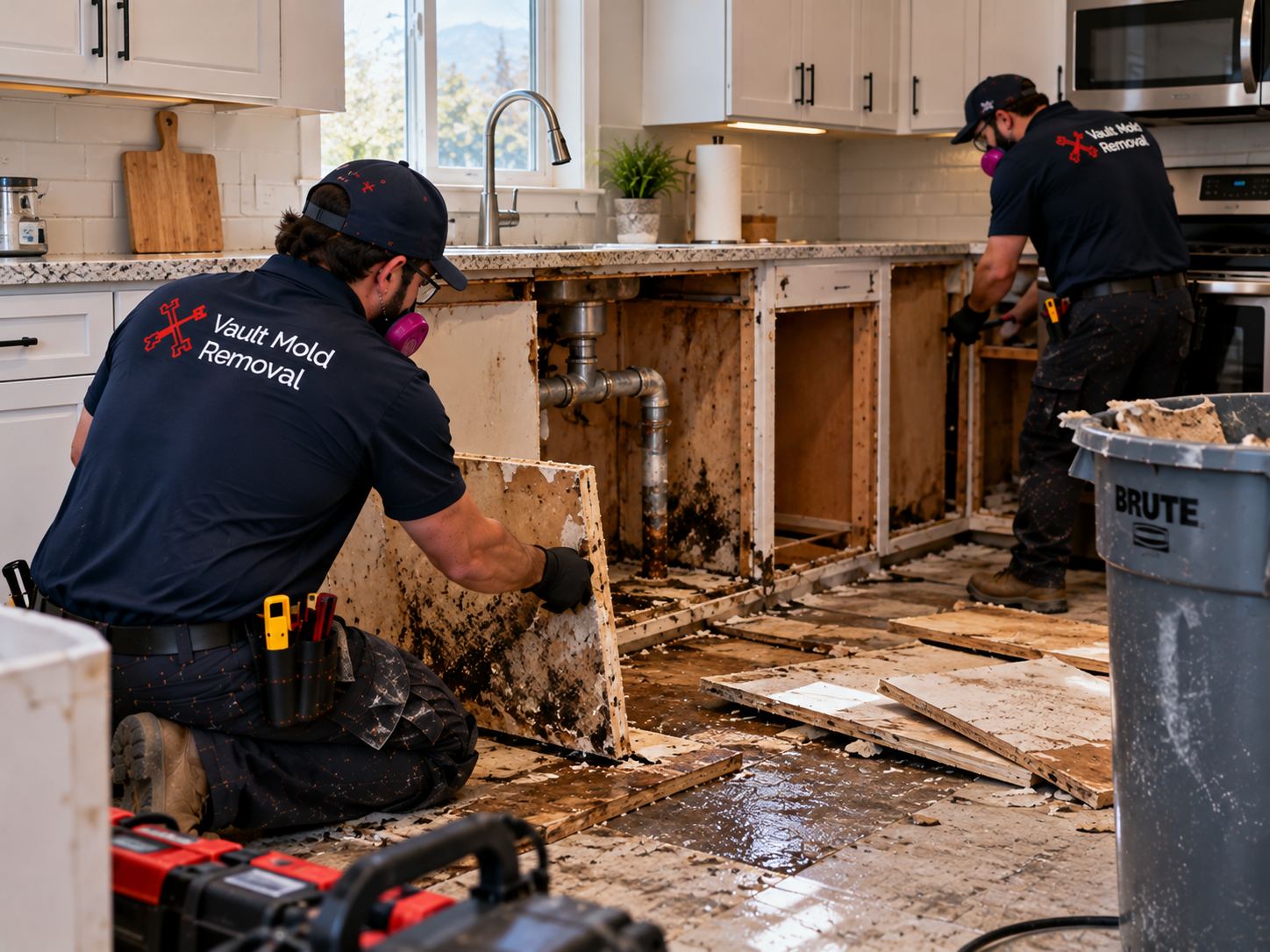 Vault W-2 crew at work on a Timp, Provo kitchen cabinet water damage job