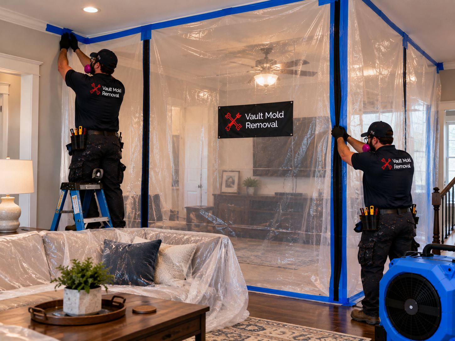 Plastic containment and ZipWall barriers set up during a Wasatch, Provo water damage job