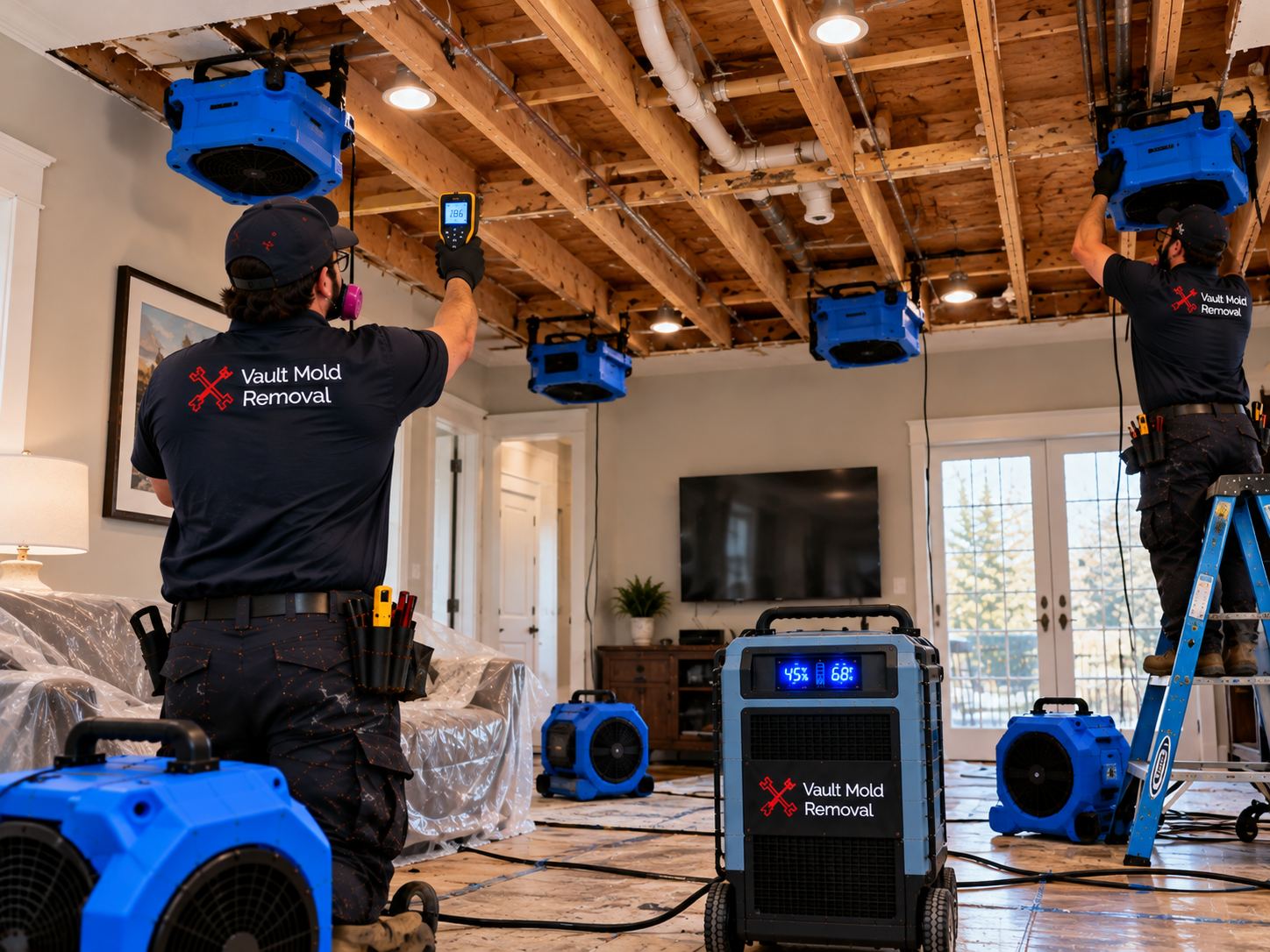 Air movers and LGR dehumidifier drying out a Wasatch, Provo home after upstairs bath burst