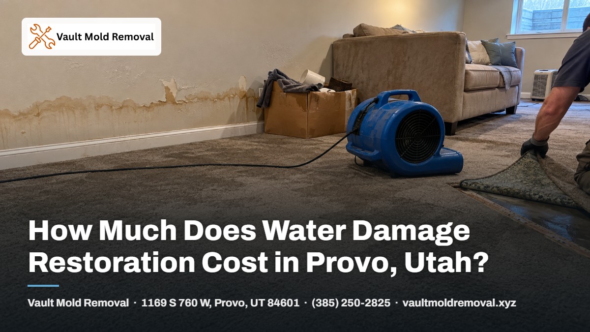 How Much Does Water Damage Restoration Cost in Provo, Utah? Water-damaged basement in a Provo, Utah home with stained drywall, pulled-back wet carpet and an air mover drying the room.