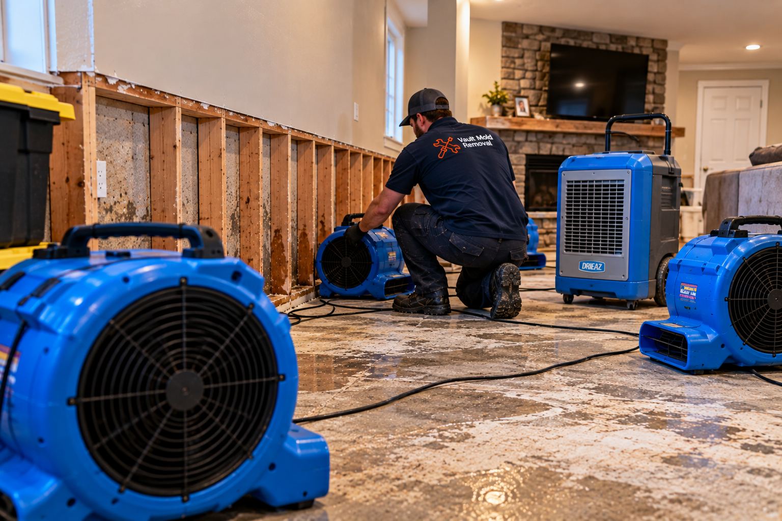 Air movers and a dehumidifier drying a basement during water damage restoration in Lindon, UT