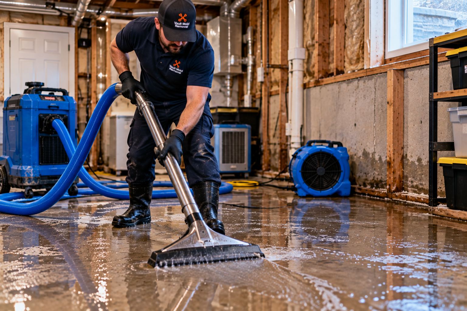 Technician extracting standing water from carpet during water damage restoration in Lindon, UT