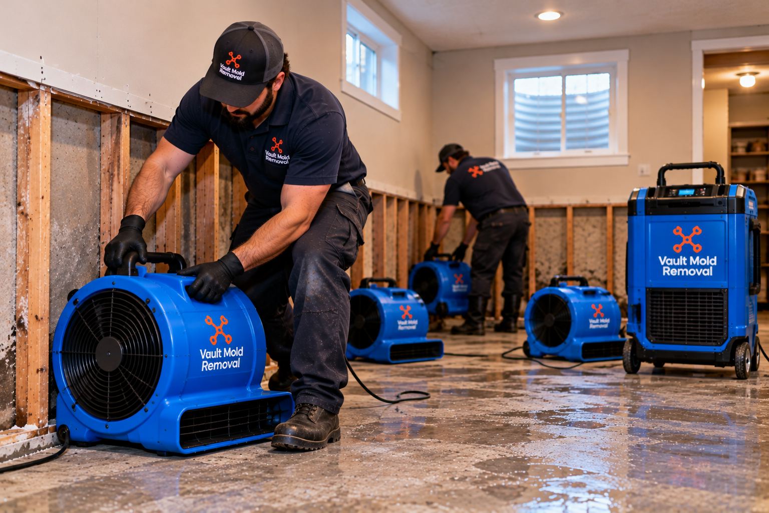 Air movers and a dehumidifier drying a basement during water damage restoration in Mapleton, UT
