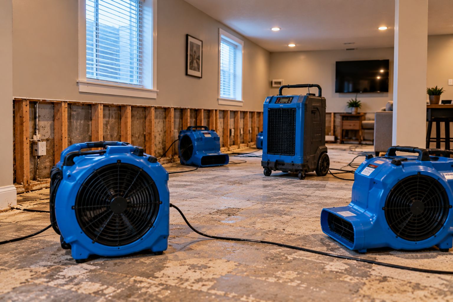 Air movers and a dehumidifier drying a basement during water damage restoration in Orem, UT