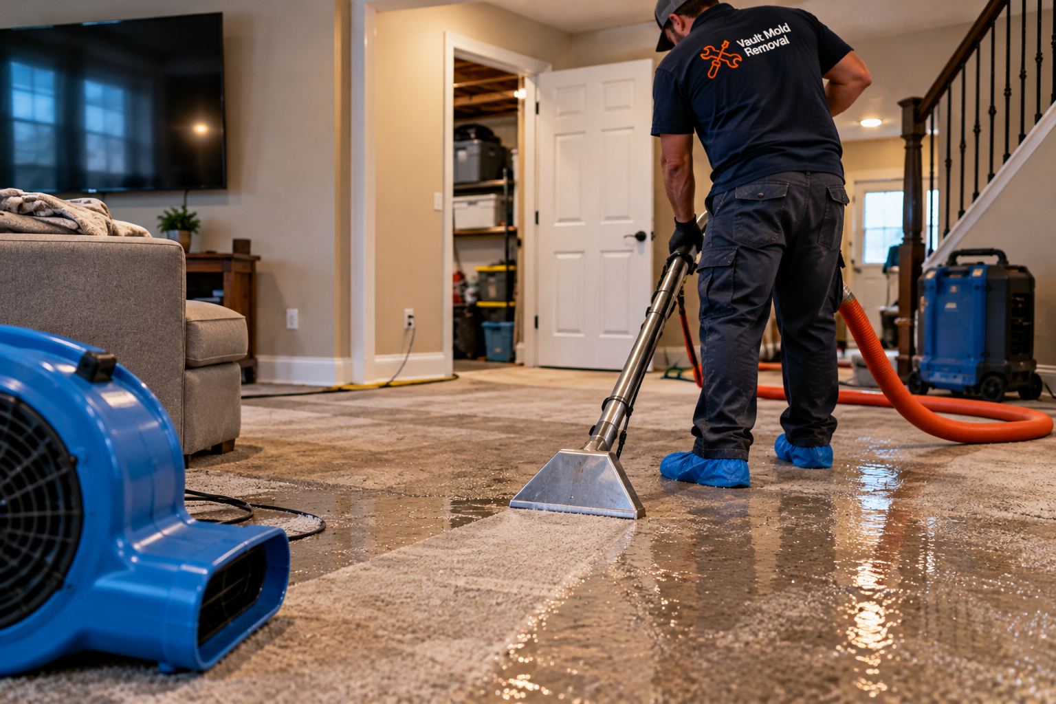 Technician extracting standing water from carpet during water damage restoration in Orem, UT
