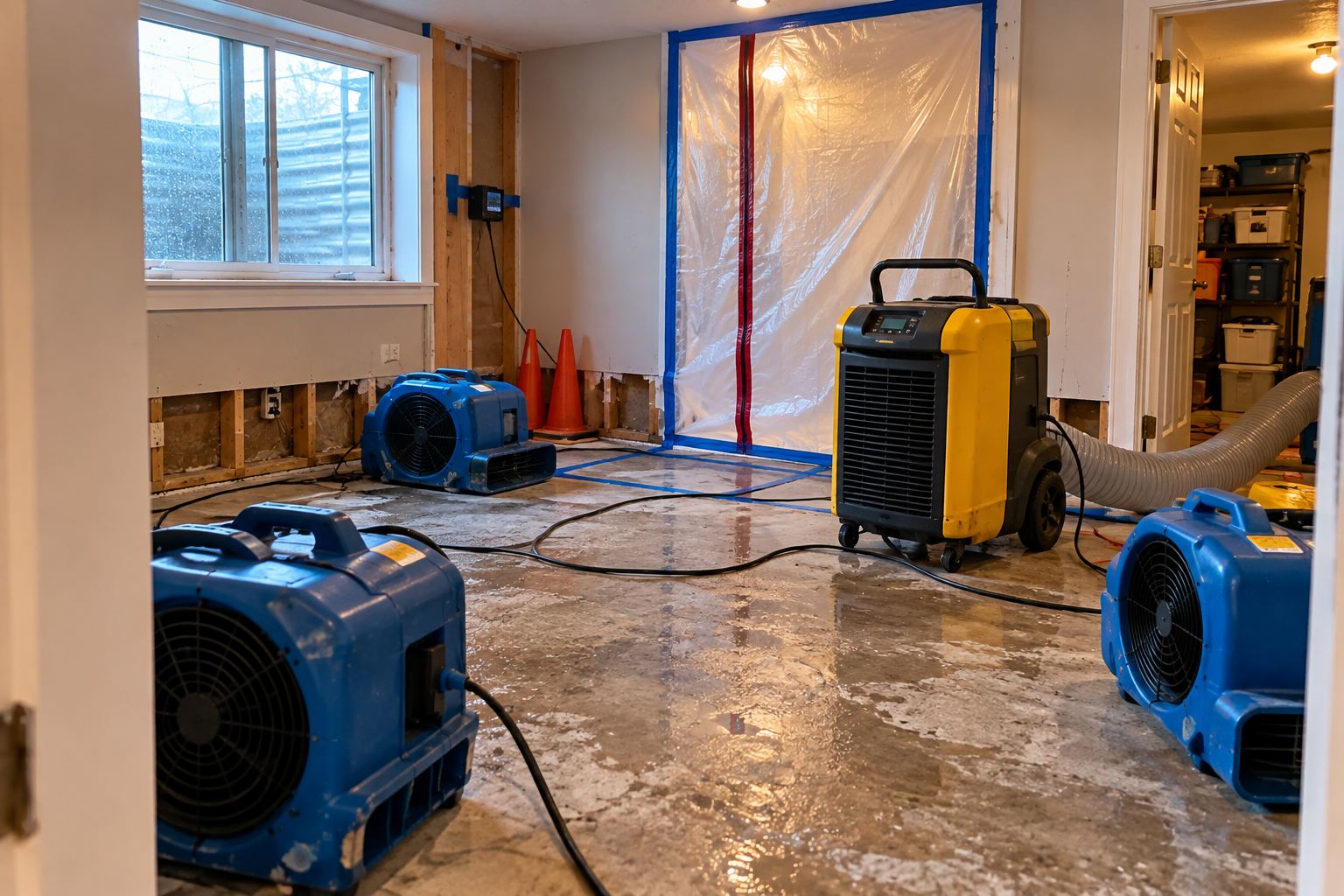 Air movers and a dehumidifier drying a basement during water damage restoration in Provo, UT