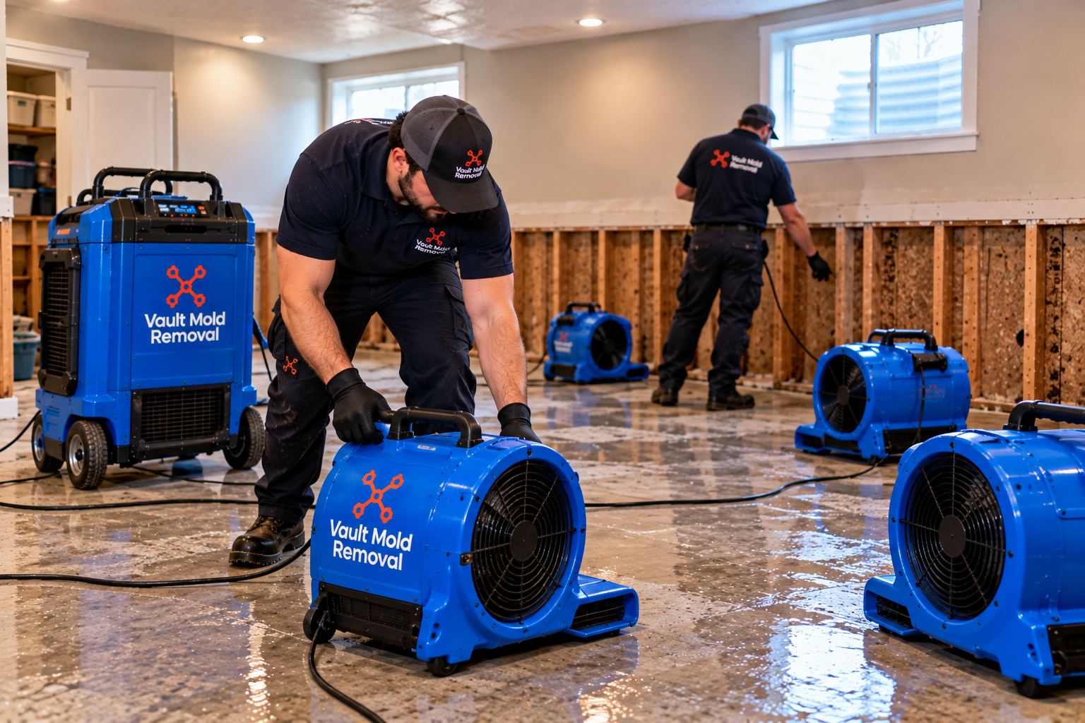Air movers and a dehumidifier drying a basement during water damage restoration in Vineyard, UT