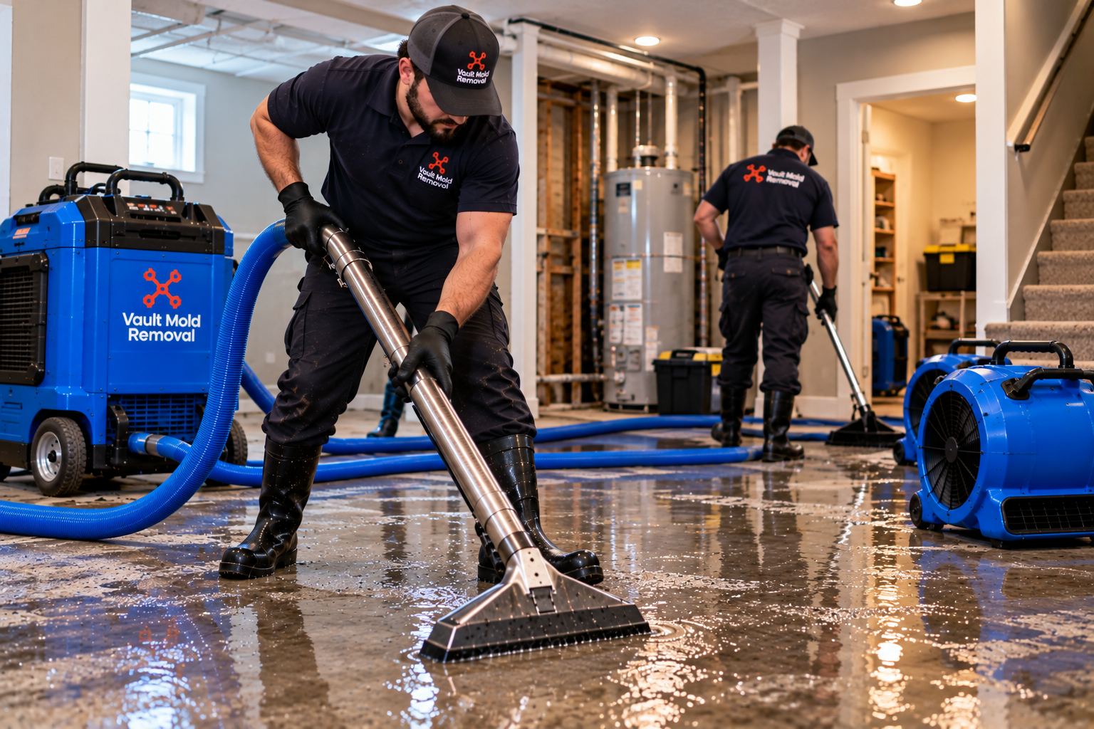 Technician extracting standing water from carpet during water damage restoration in Vineyard, UT